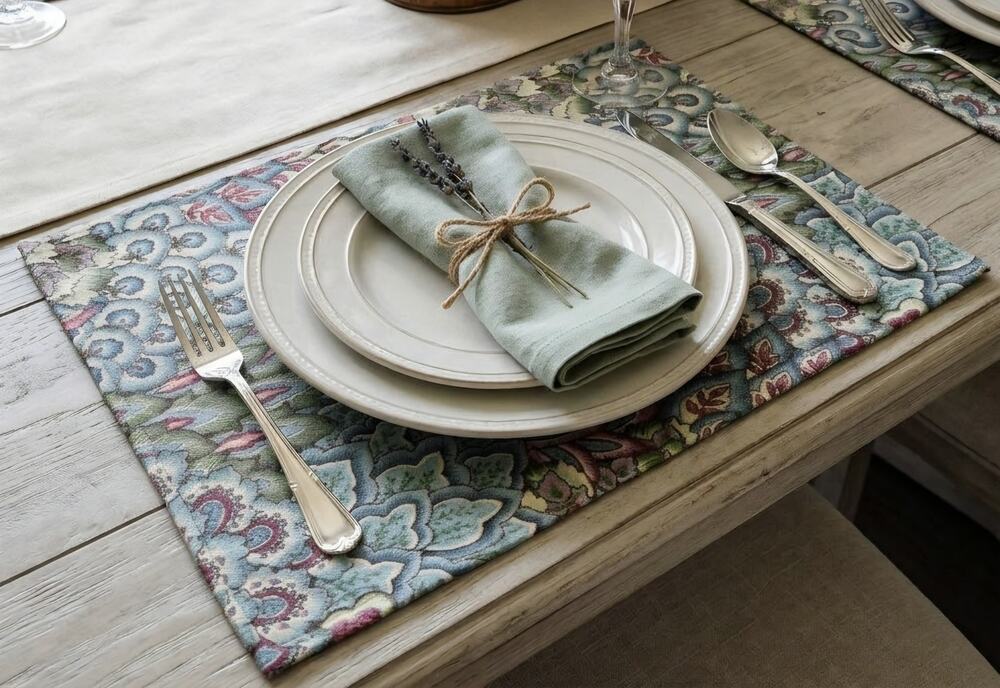 Vintage Tapestry Placemats Set of 6 Floral Feather Jacquard 17x12 Cottagecore